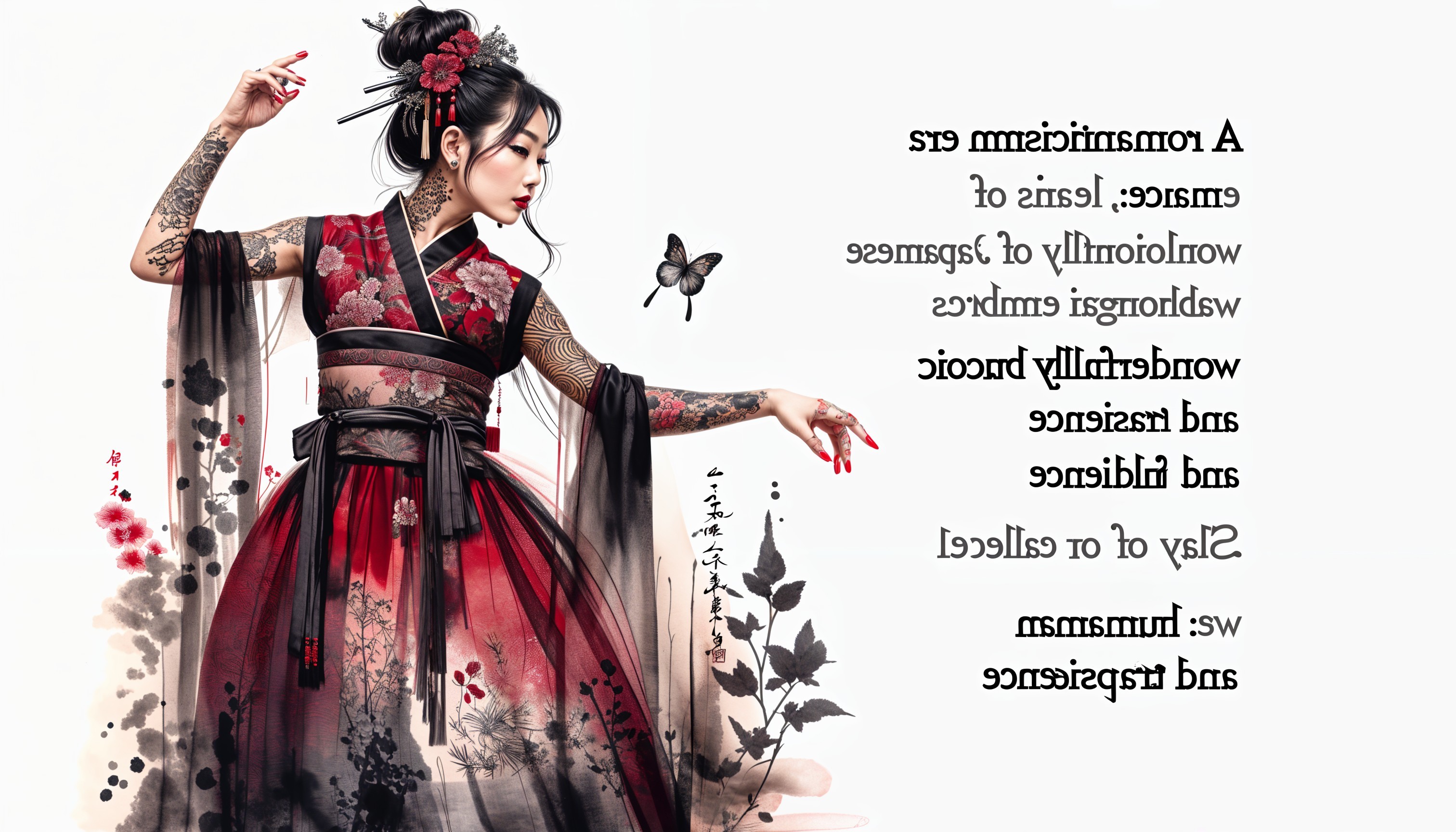 Elegant Woman in Traditional Floral Dress with Butterflies
