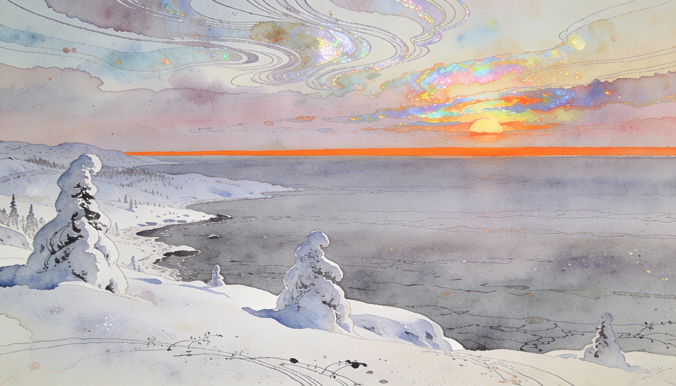 Vibrant Winter Landscape with Colorful Sunset Sky