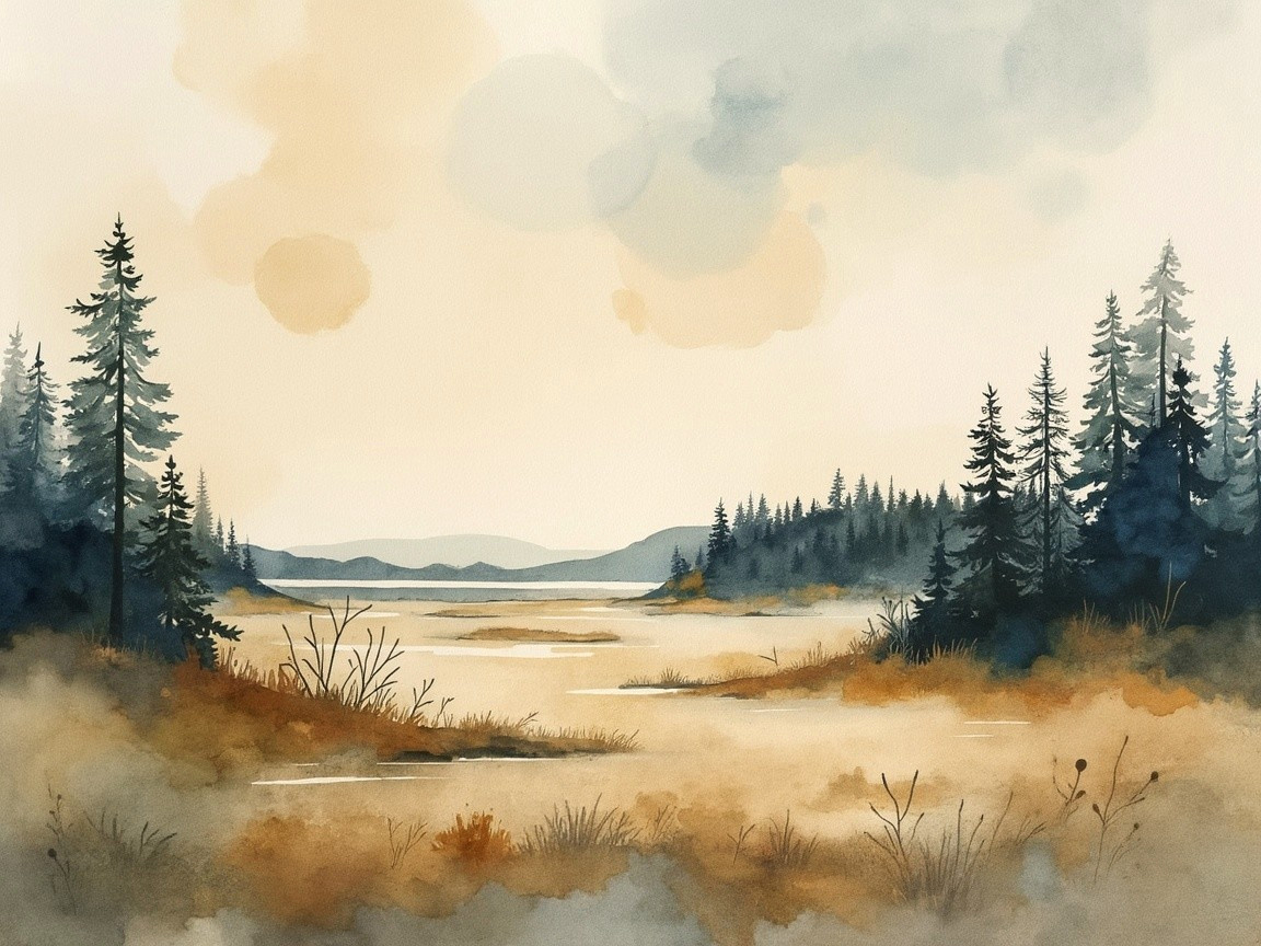 Serene Watercolor of a Tranquil Marsh Landscape