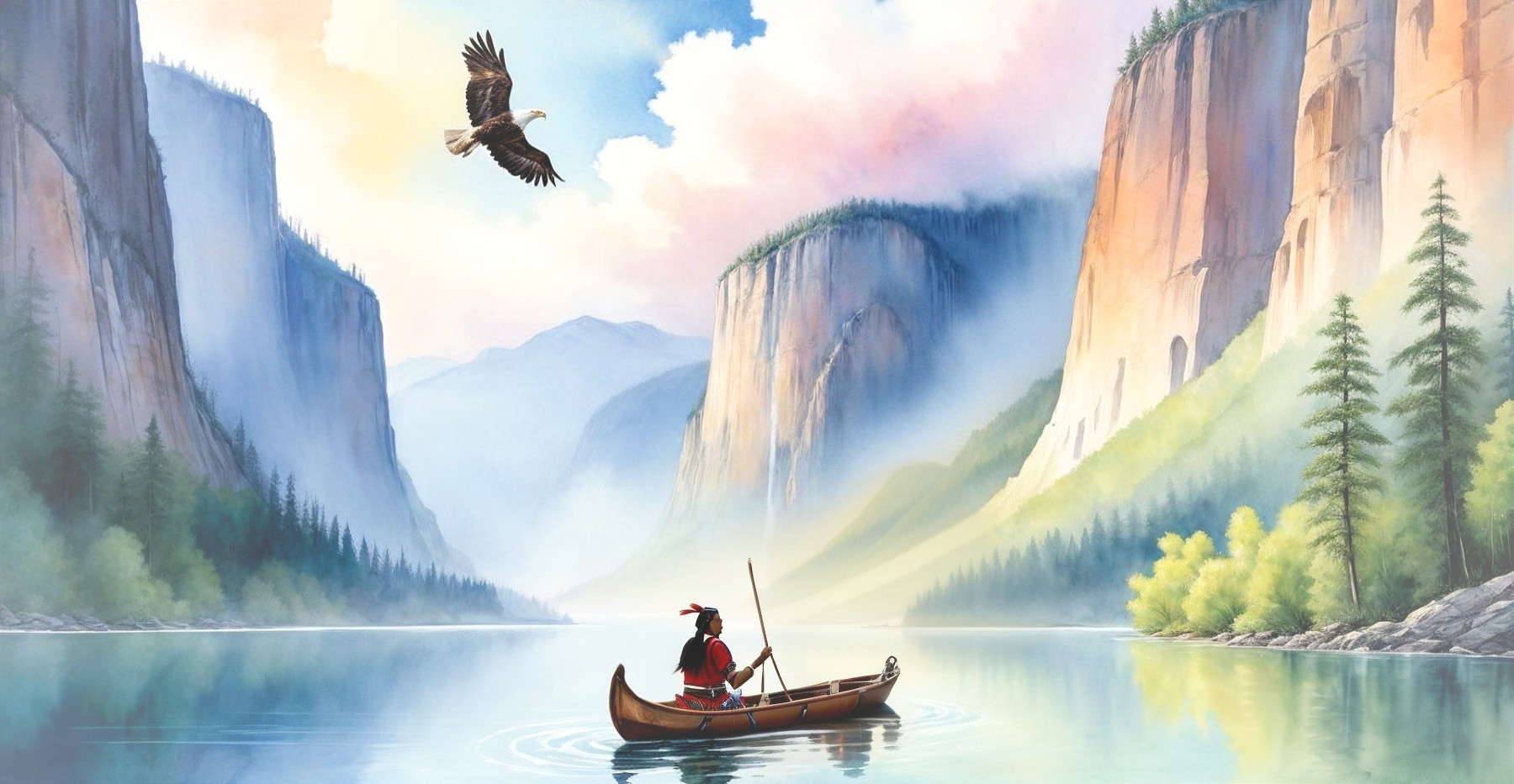 Serene Landscape with Cliffs, River, and Eagle
