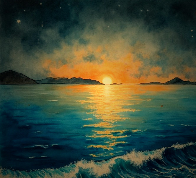 Vibrant Sunset Over Calm Waters in Serene Seascape