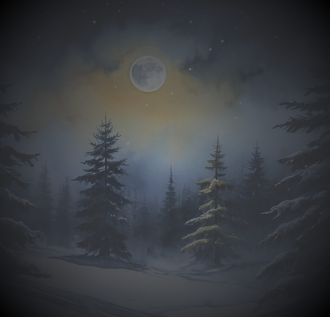 Full Moon Over Snowy Pine Forest at Night