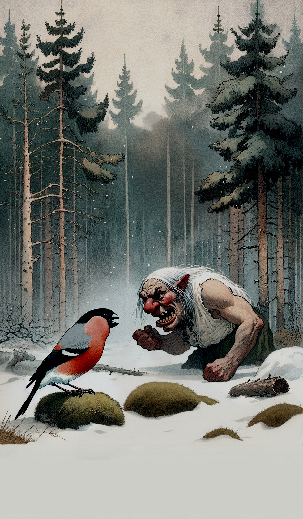 Muscular Creature and Bullfinch in Snowy Forest Scene