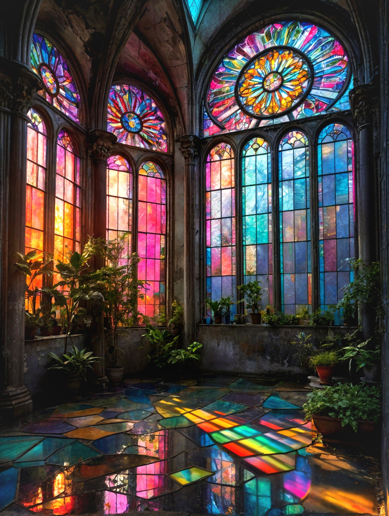 Restored Interior with Stained Glass and Lush Greenery