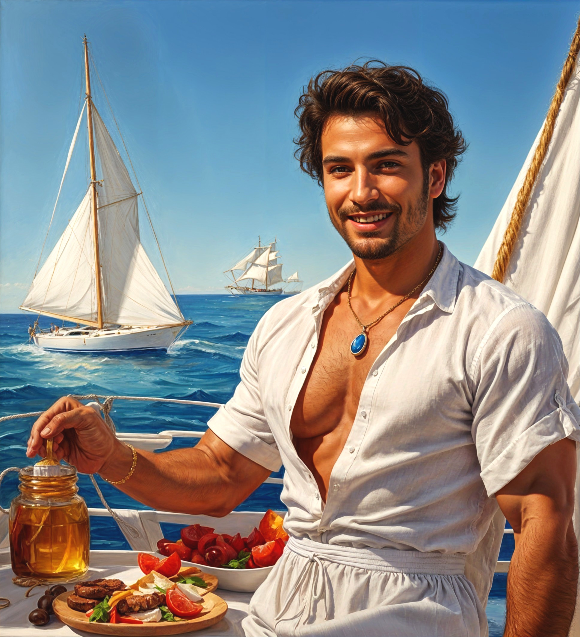 Sunlit Sailboat Scene with Food and Young Man