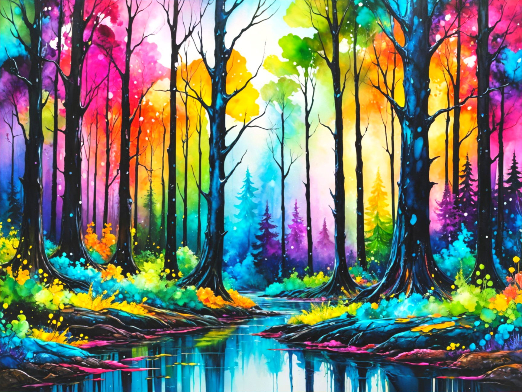 Vibrant Forest Scene with Colorful Trees and Stream
