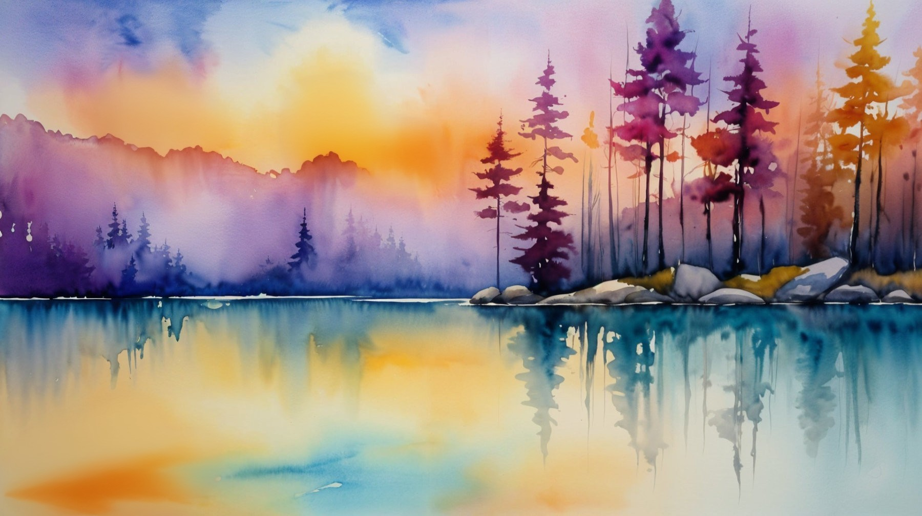 Tranquil Lake Sunset Watercolor Landscape Scene