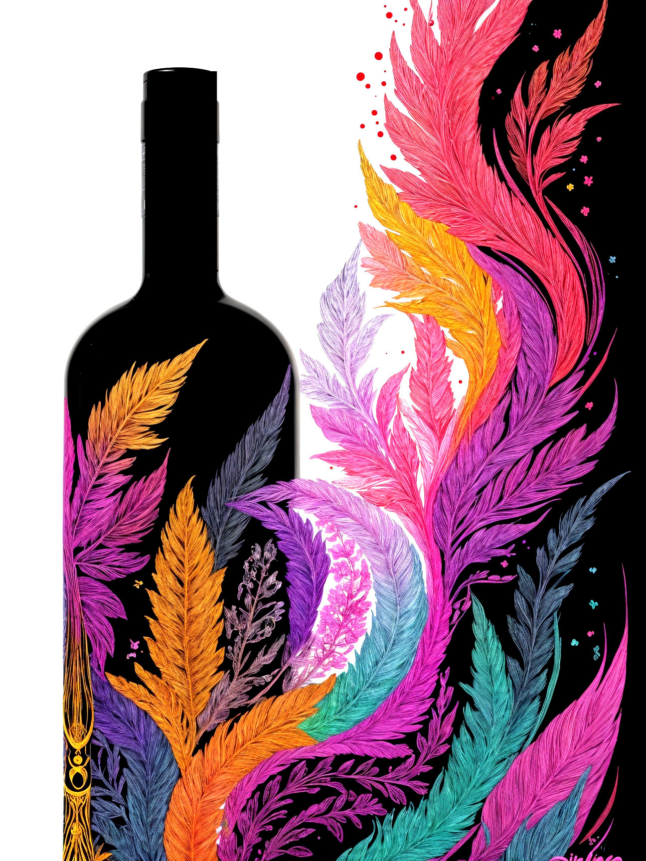 Vibrant Bottle Silhouette with Colorful Foliage Design