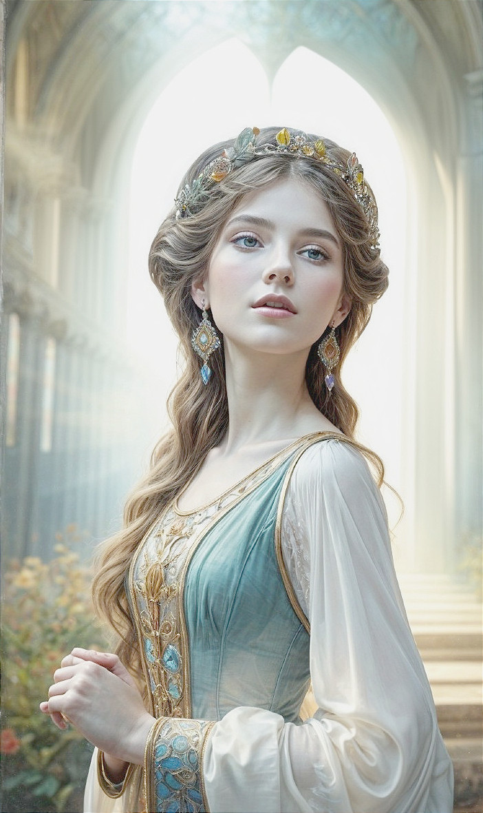 Young woman in flowing blue and ivory gown in light