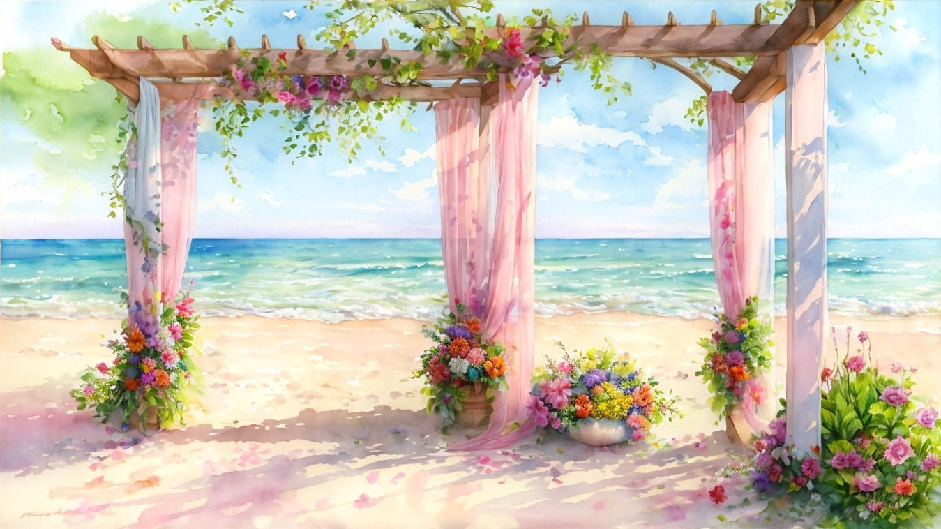 Beach Wedding Scene with Pergola and Floral Decor