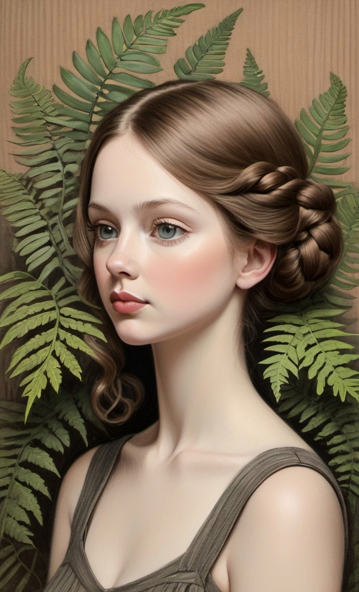 Portrait of a young woman amidst lush green ferns