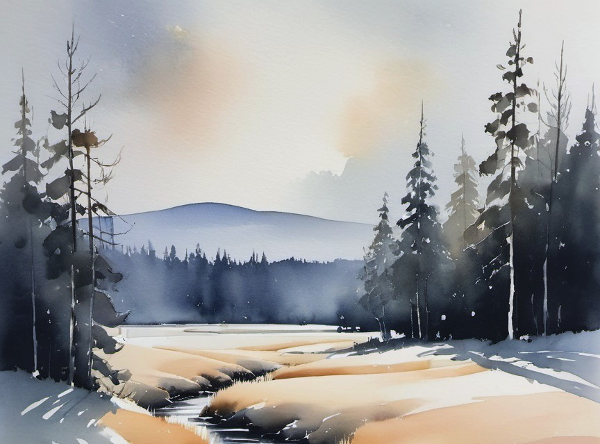Tranquil Watercolor Landscape with River and Pines
