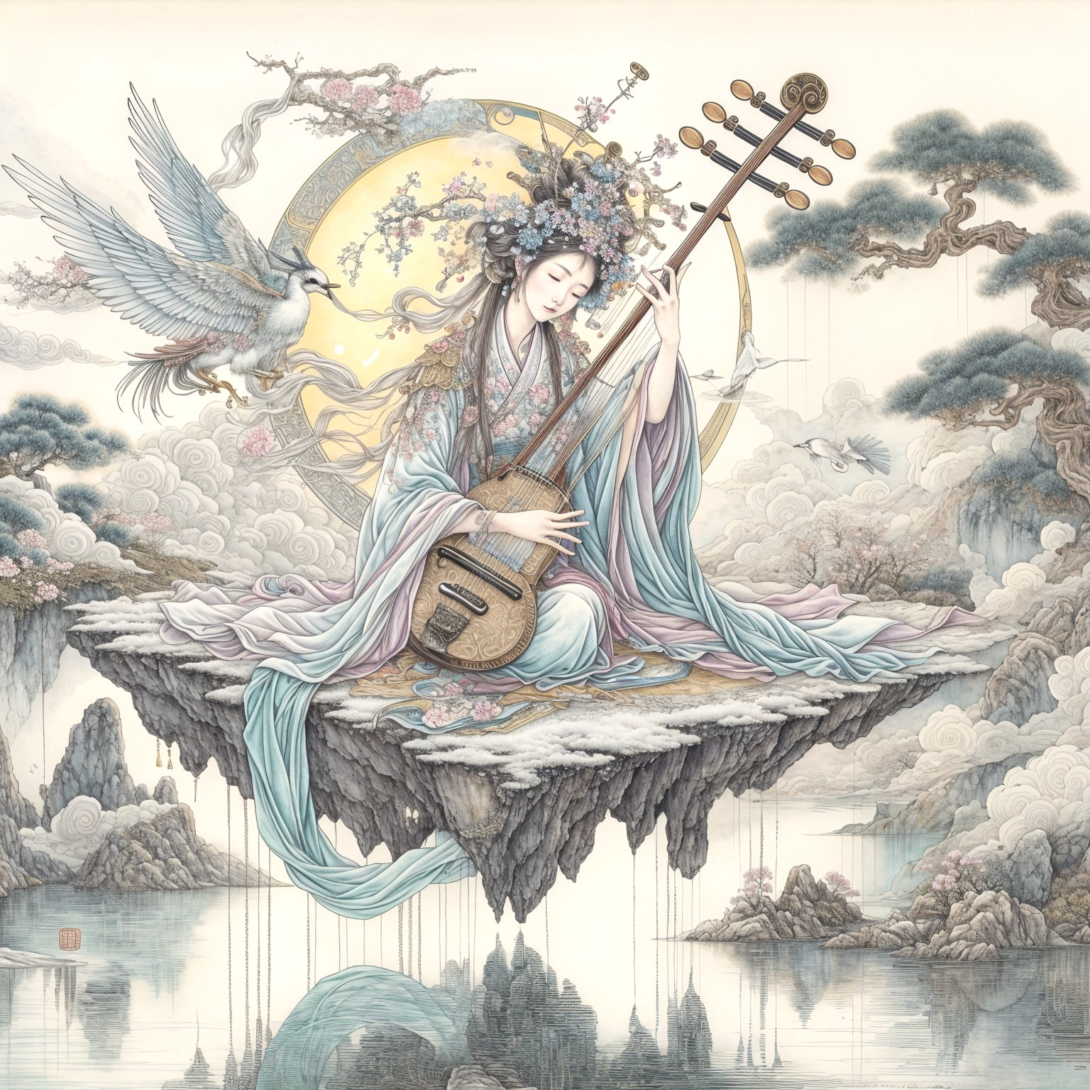 Serene figure in robes playing instrument on floating island