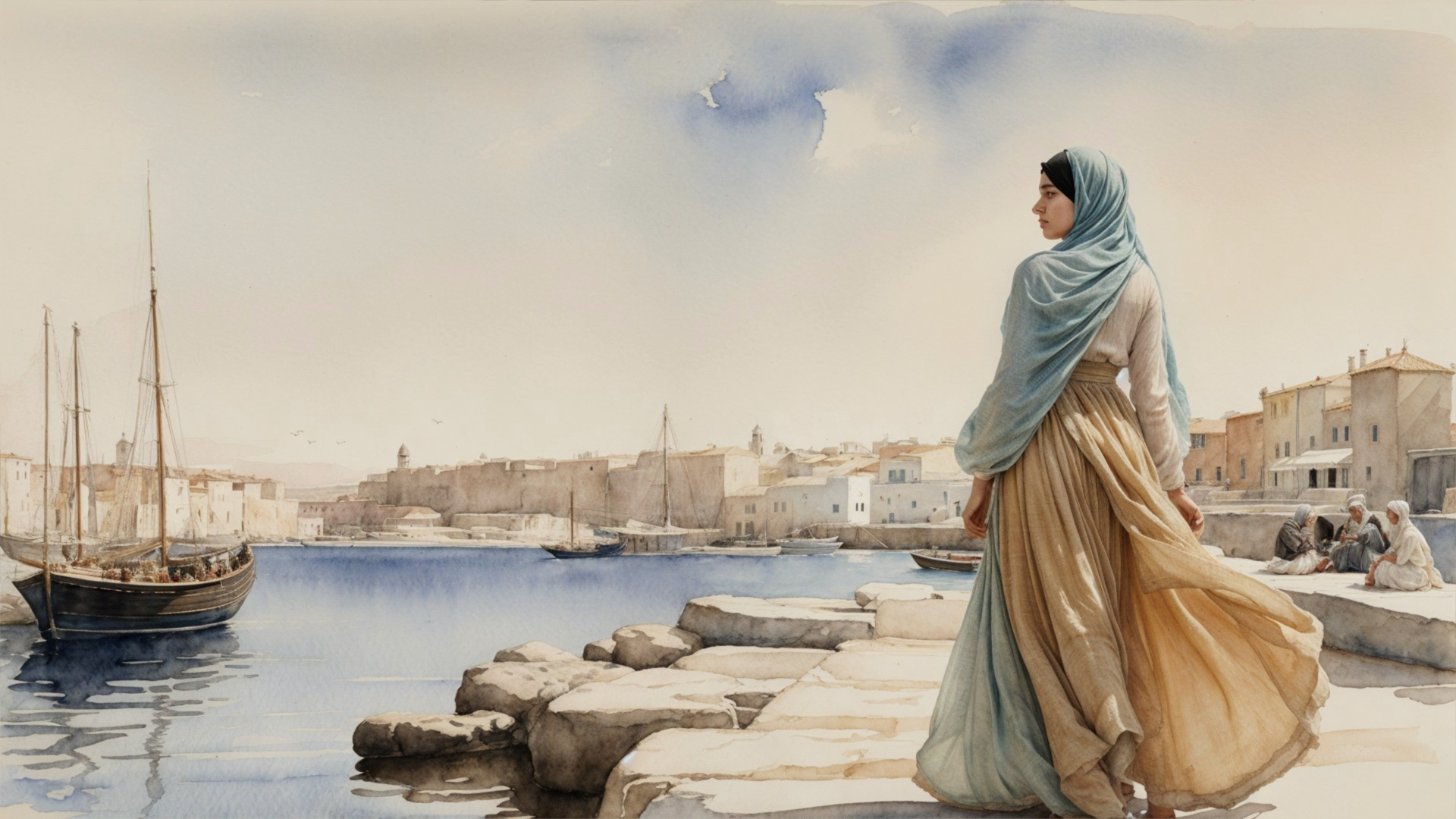 Waterfront Scene with Woman in Traditional Attire