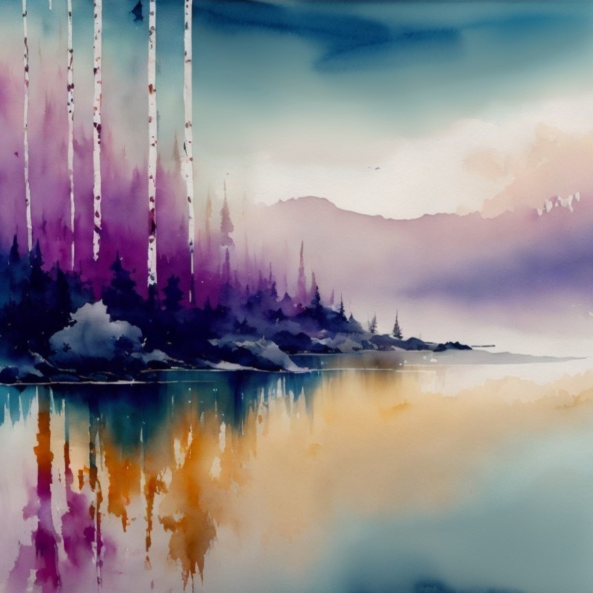 Tranquil Watercolor Landscape with Serene Lake and Trees