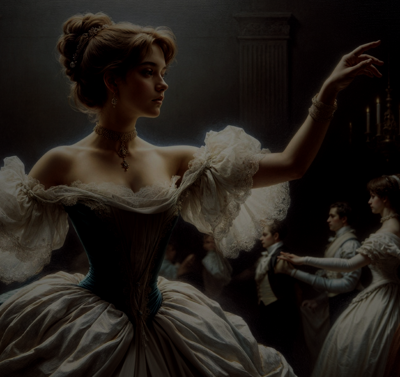Elegant Young Woman Dancing in Dimly Lit Ballroom
