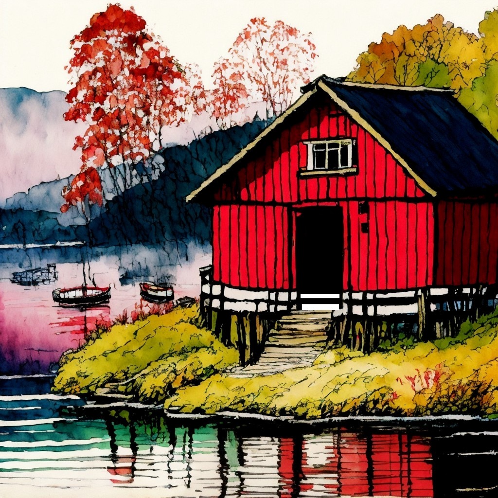 Vibrant Red Cabin by Tranquil Lake and Autumn Trees