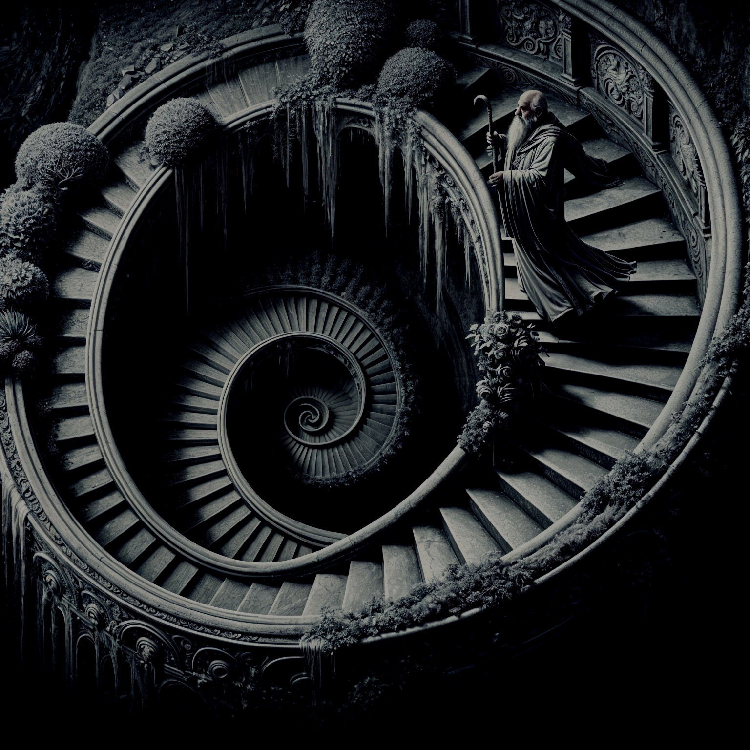 Grand Spiraling Staircase with Cloaked Figure and Sculptures