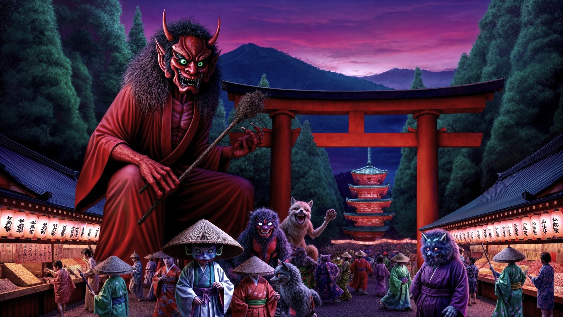 Mystical Japanese Village Scene with Demon and Creatures