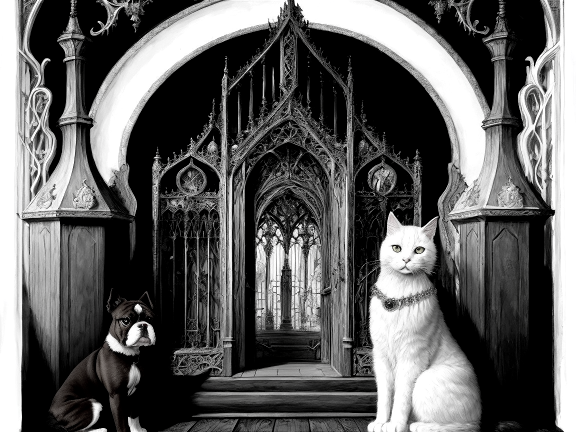 Gothic Setting with Cat and Dog by Arched Doorway