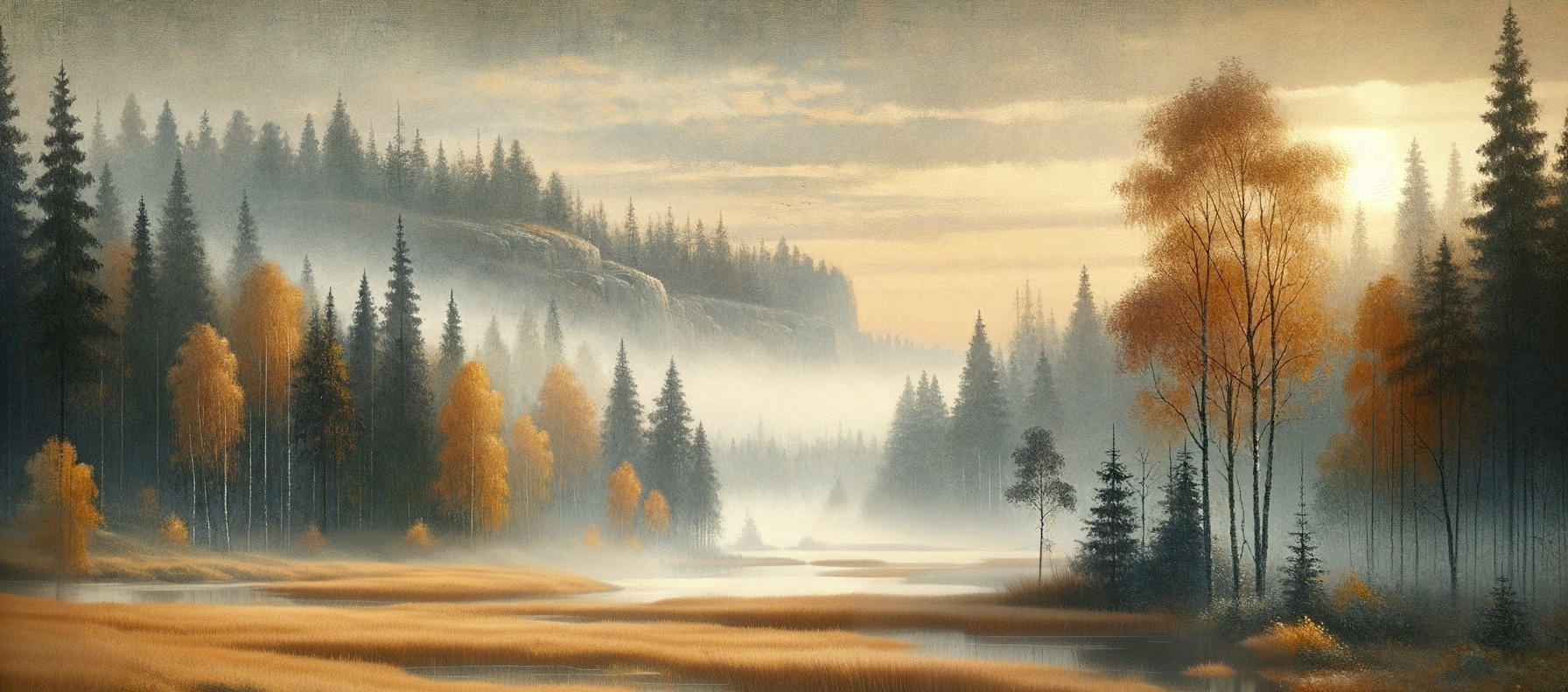 Tranquil Dawn Landscape with River and Misty Forest
