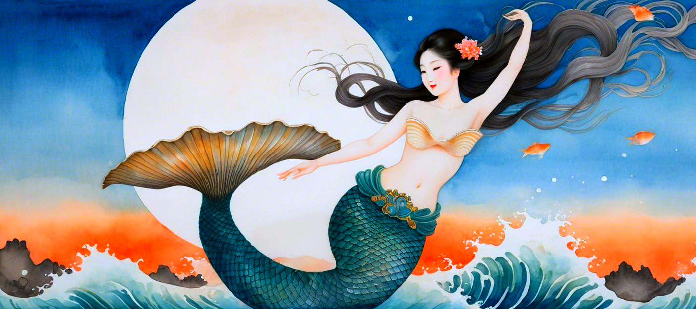 Mermaid Swimming in Vibrant Ocean Waves Under Moonlight