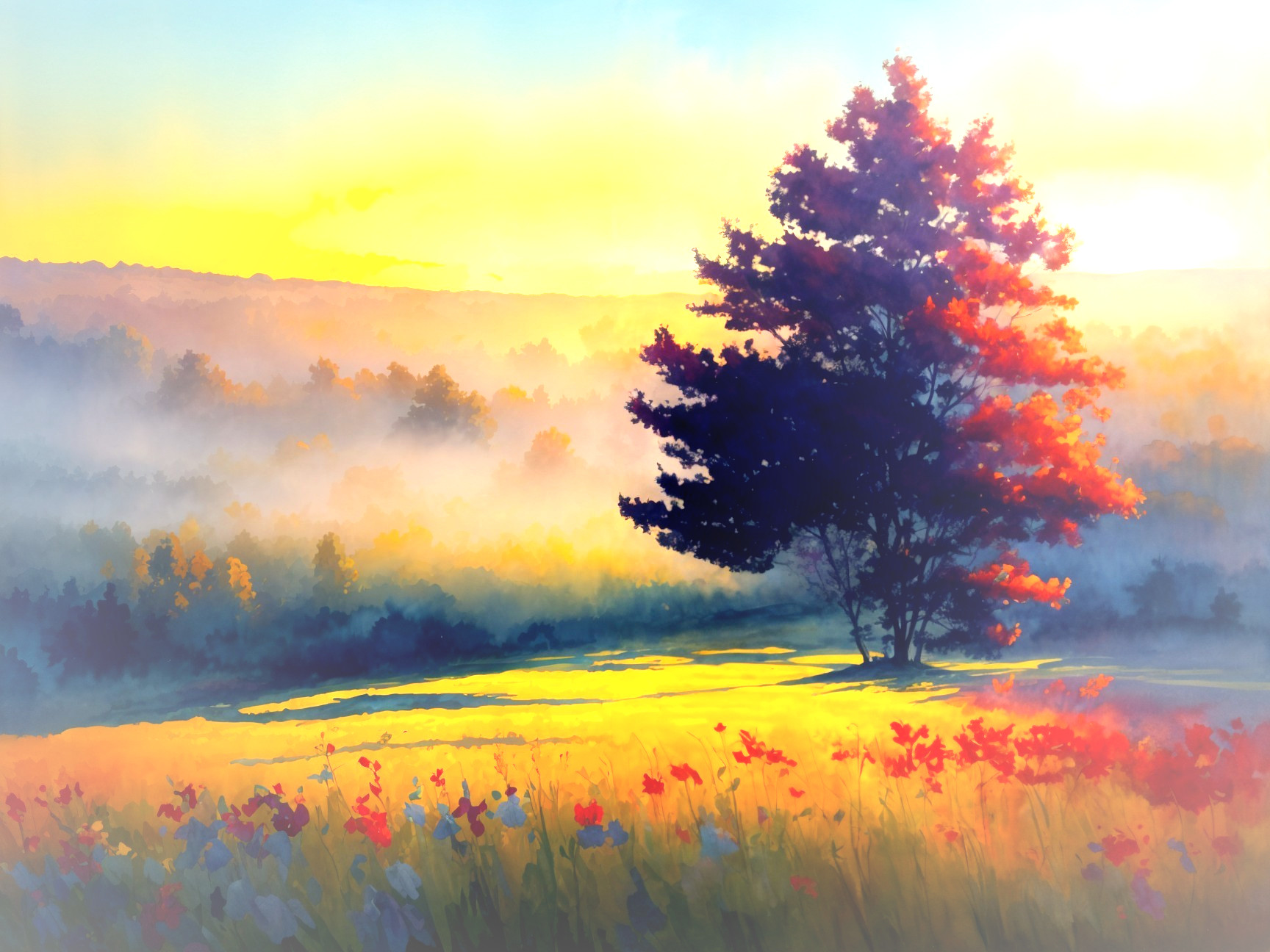 Serene Dawn Landscape with Autumn Tree and Misty Hills