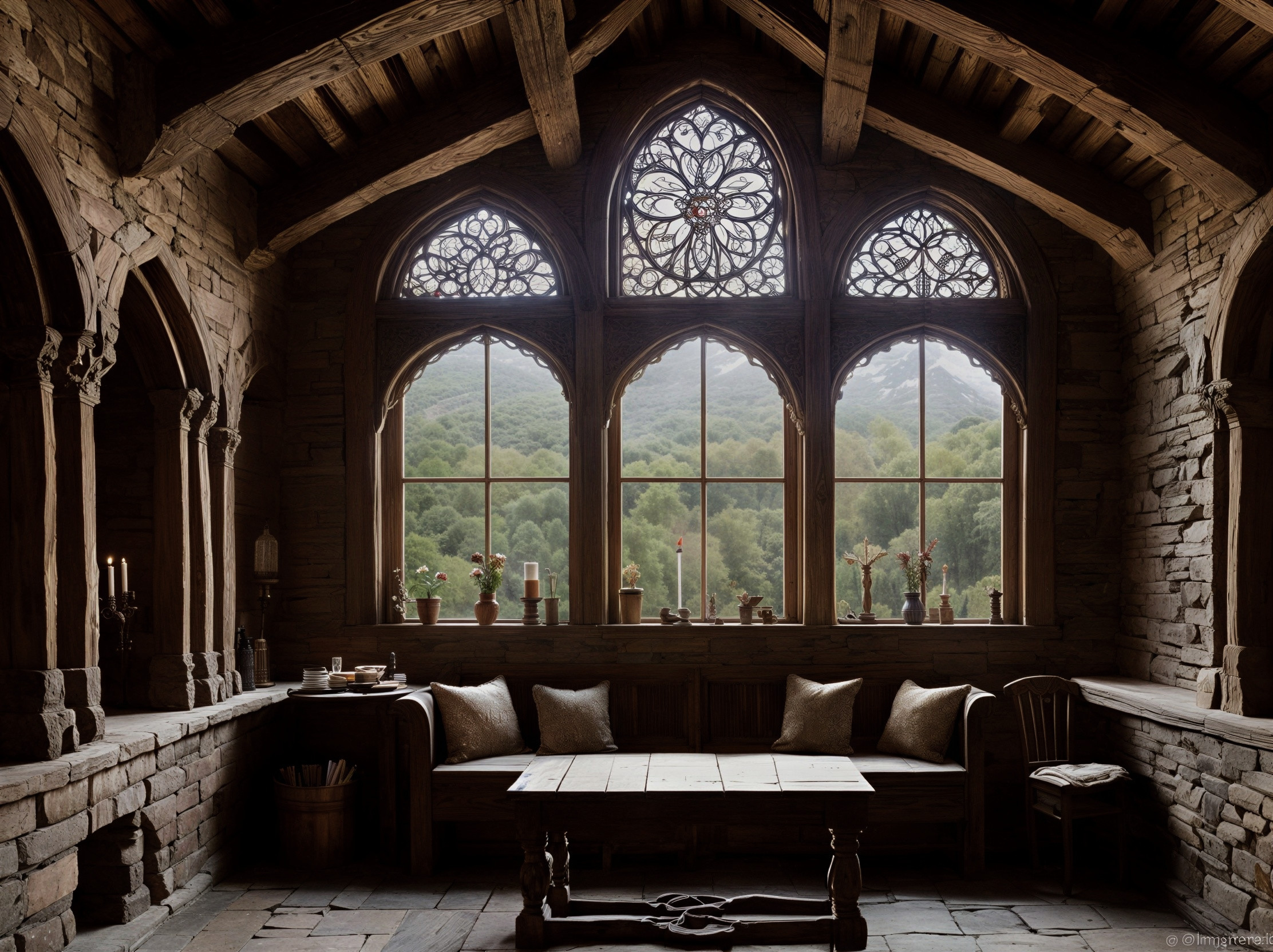 Cozy Rustic Room with Gothic Windows and Green Hills
