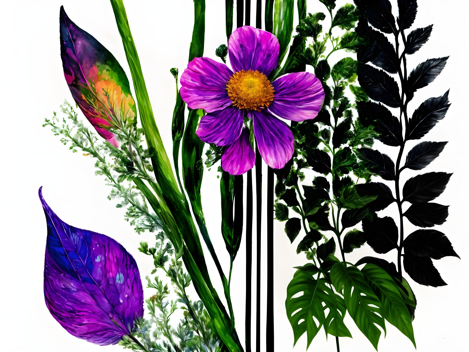 Vibrant Floral Arrangement with Purple Flower and Leaves
