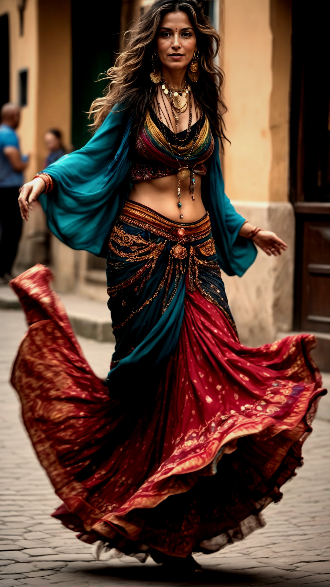 Woman in Vibrant Skirt Twirling on Cobblestone Streets