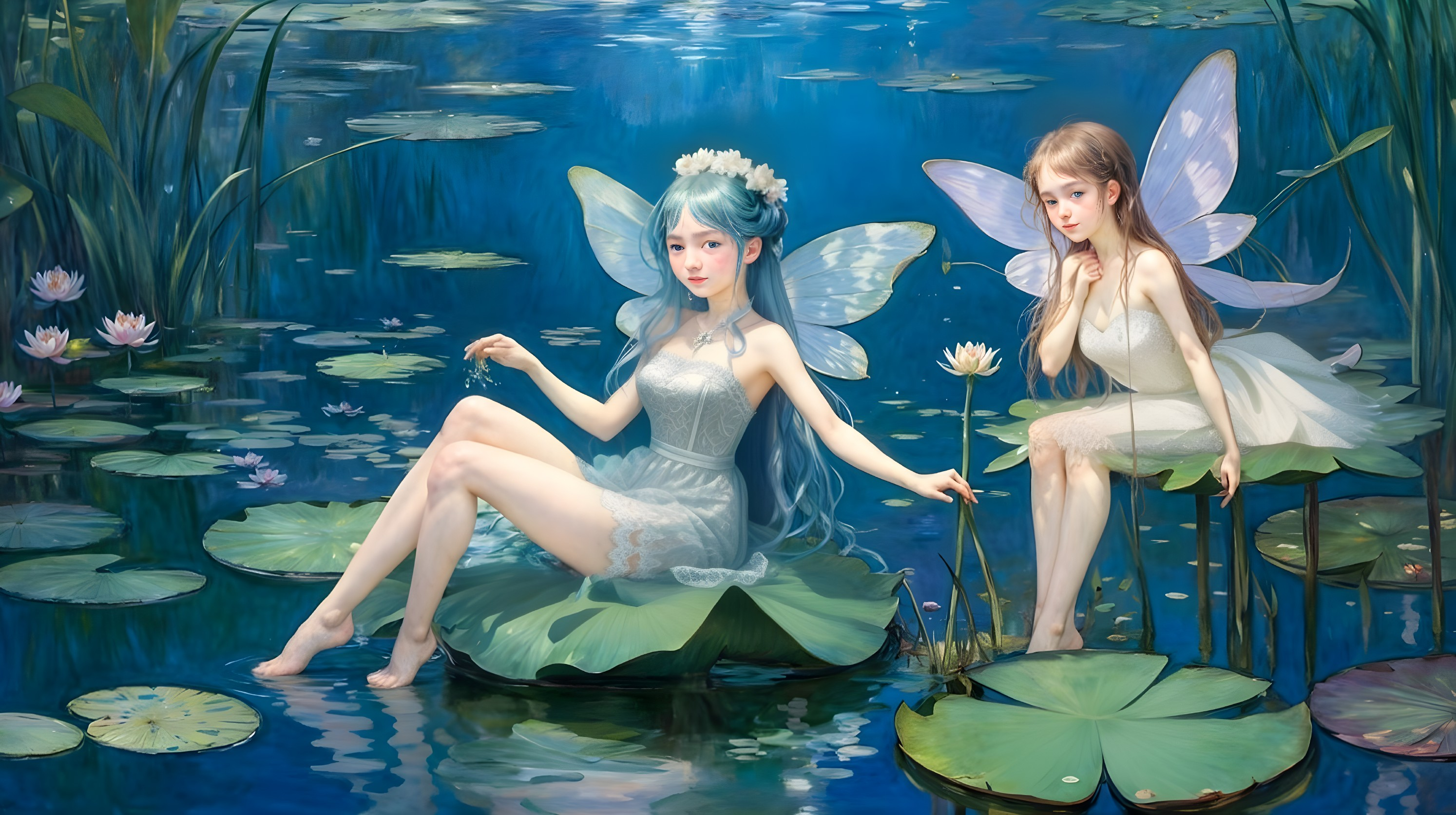 Fairies on Lily Pads in a Serene Blue Pond