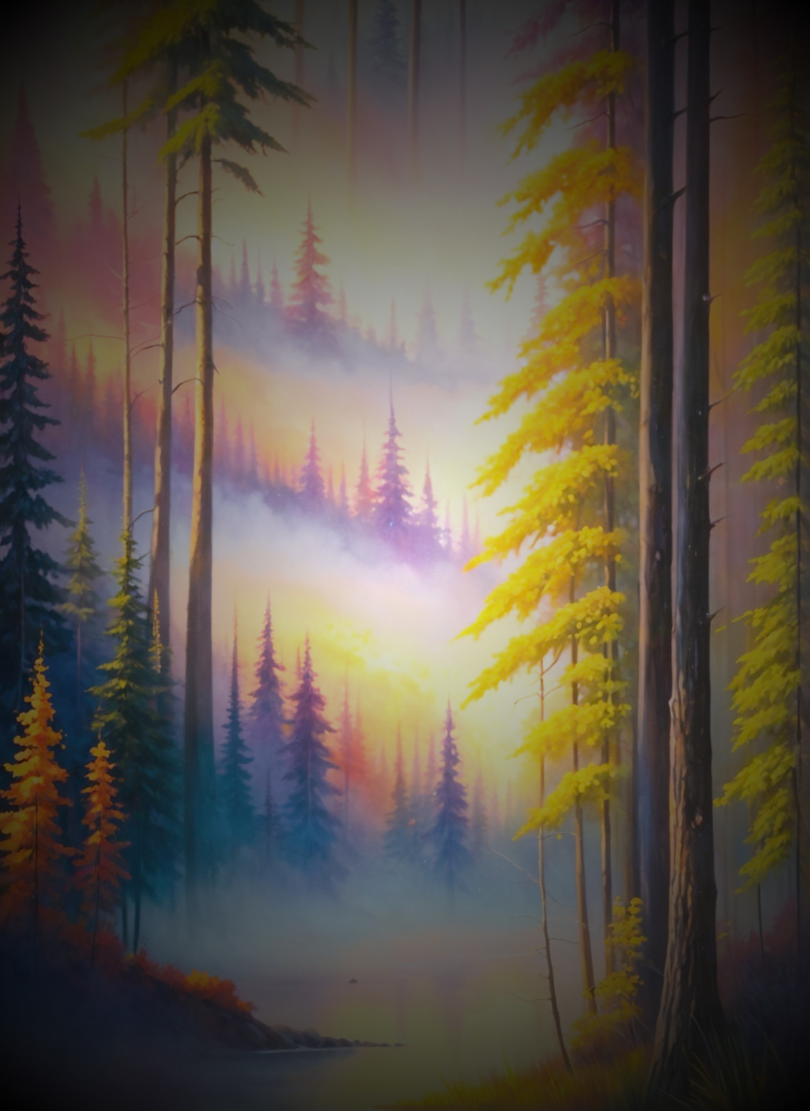 Serene Landscape with Evergreen Trees and Mist