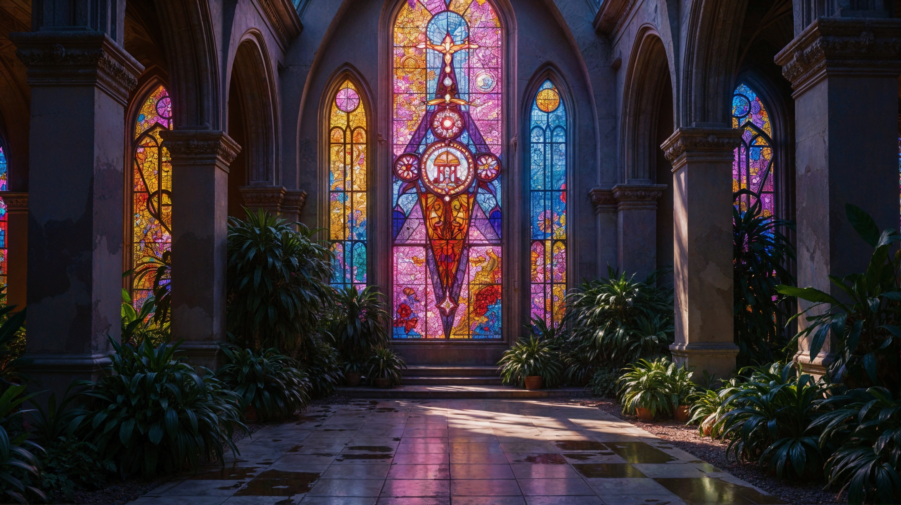 Grand Cathedral Interior with Stained Glass and Greenery