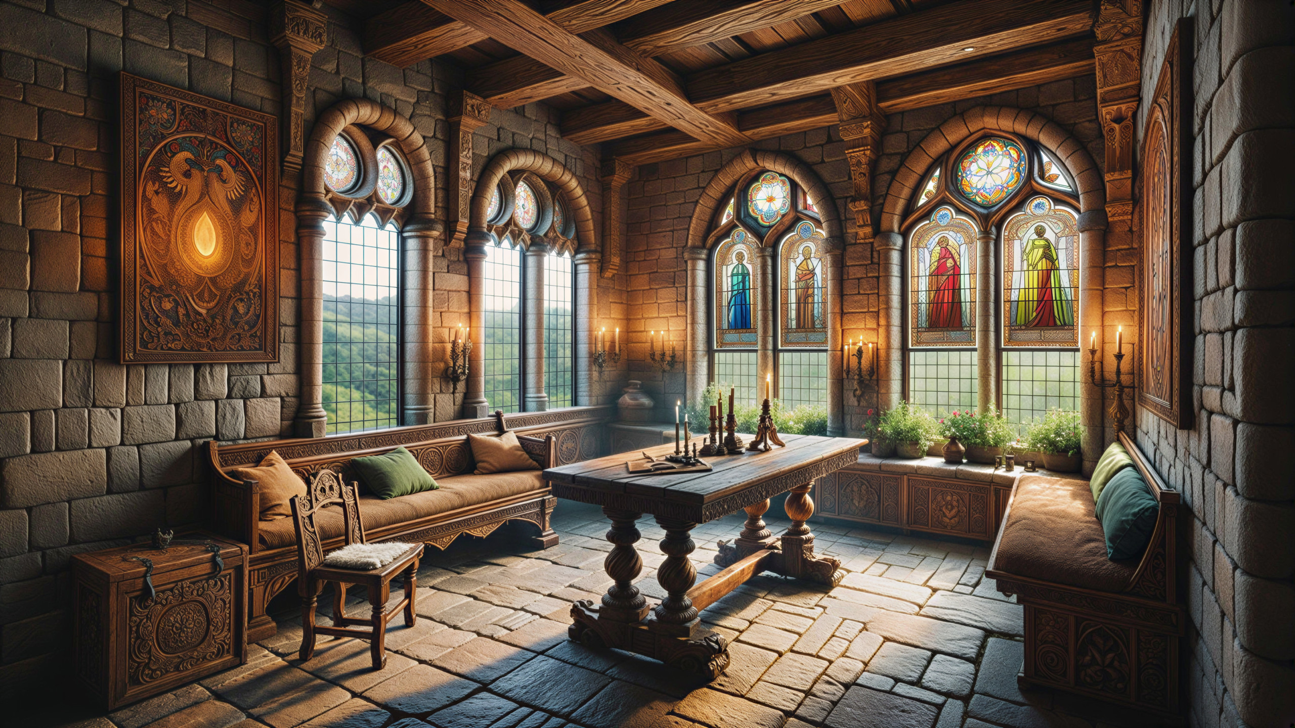 Medieval Room with Stained Glass and Wooden Decor