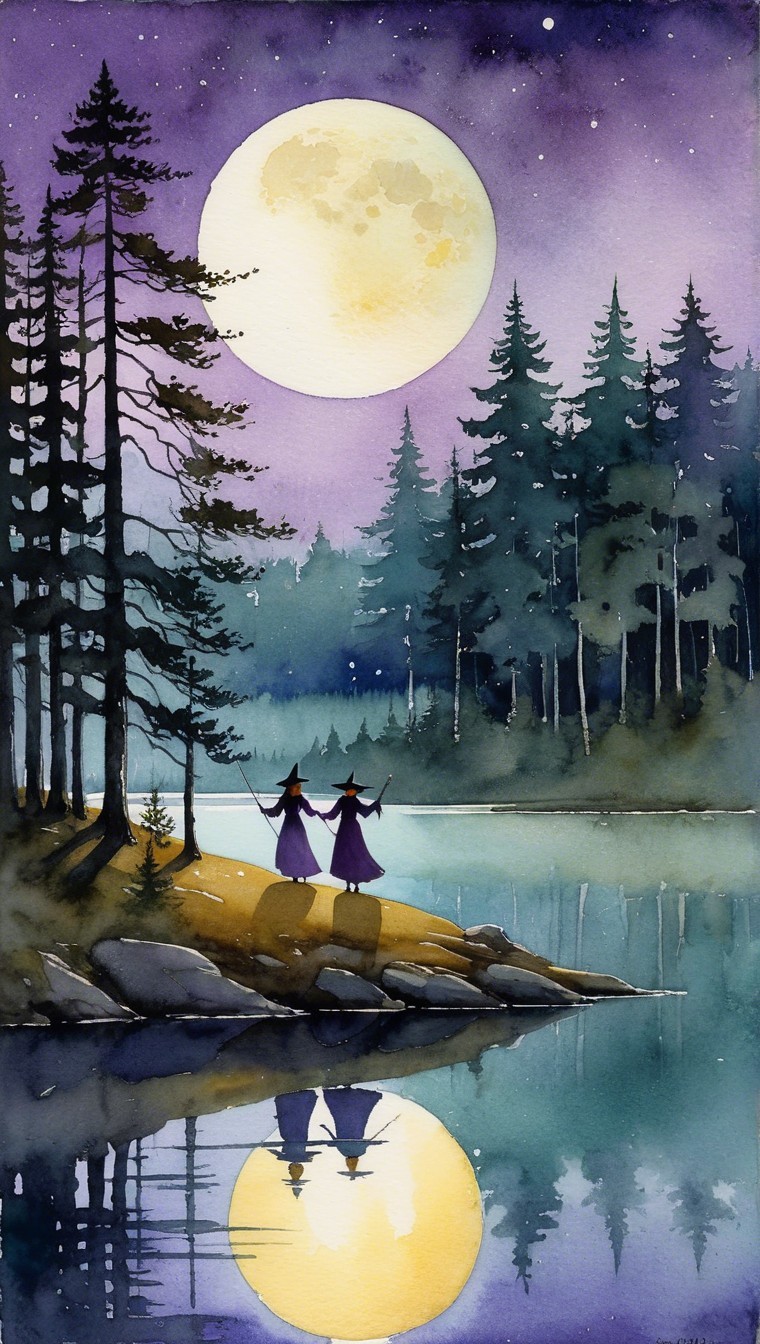 Witches by Moonlit Lake with Pine Tree Silhouettes
