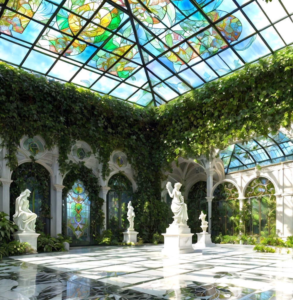 Indoor Garden with Glass Ceiling and White Statues