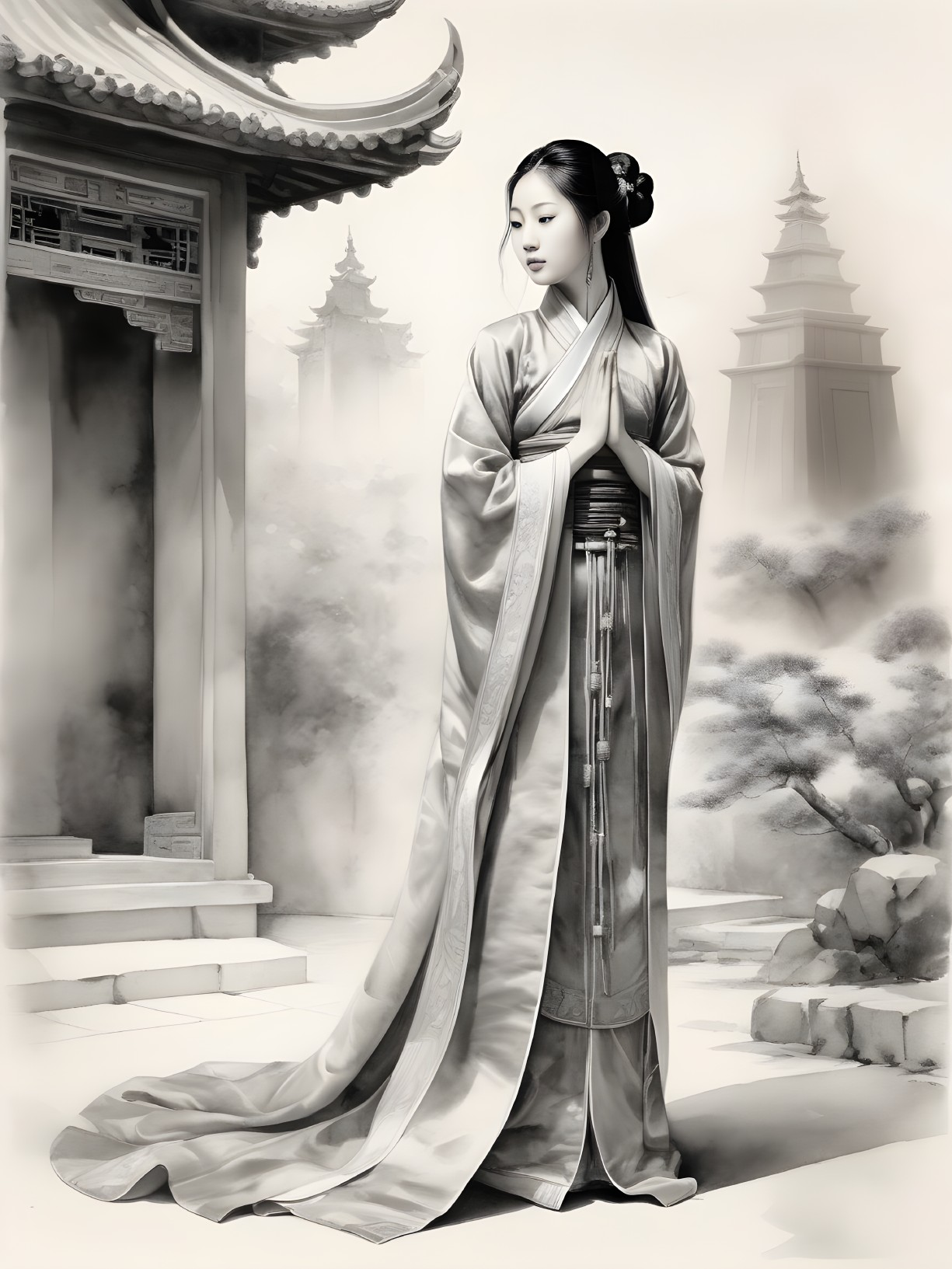 Serene Woman in Traditional Attire with Pagoda Background