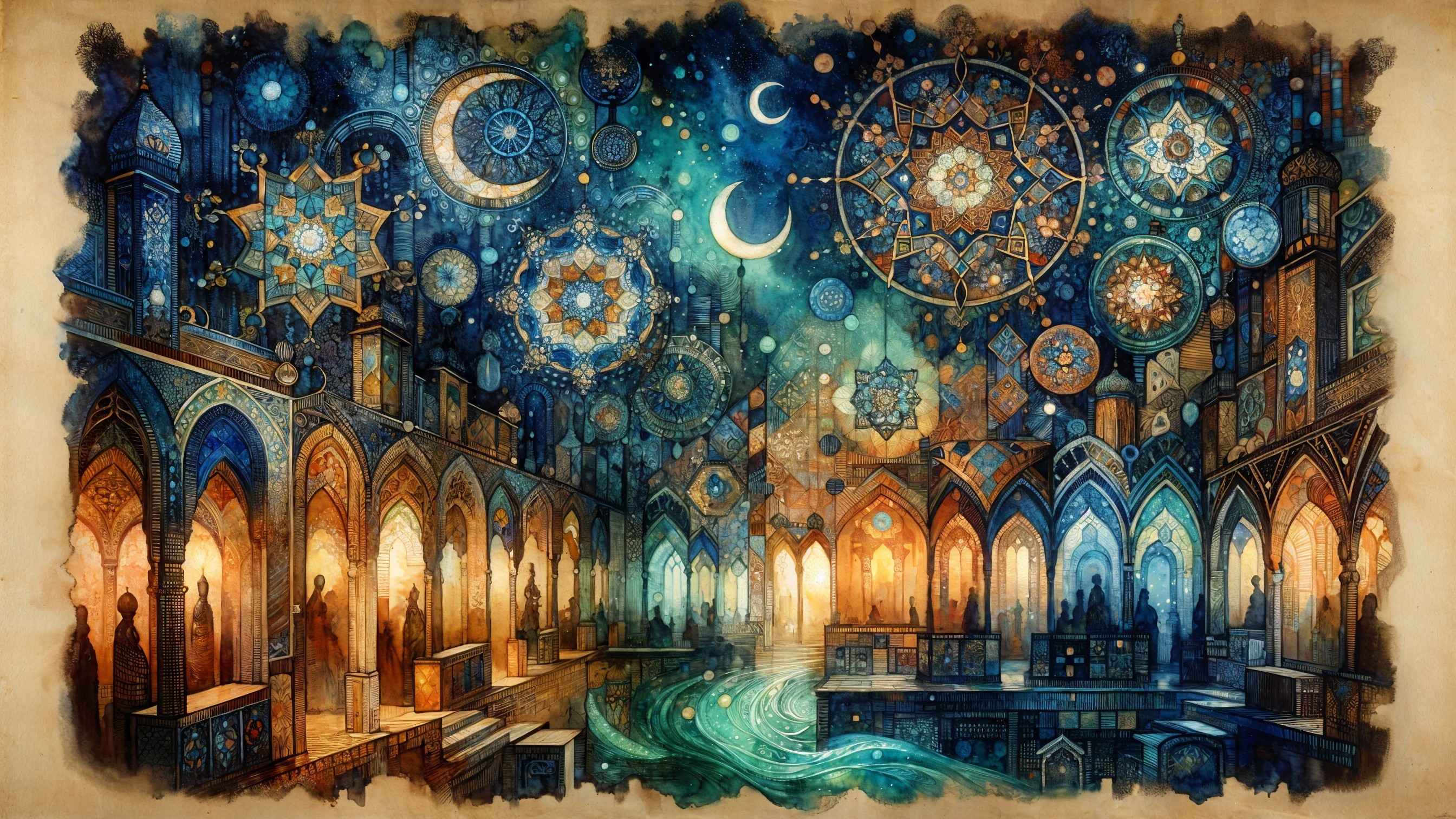 Ornate Dimly Lit Hall with Celestial Motifs and Patterns