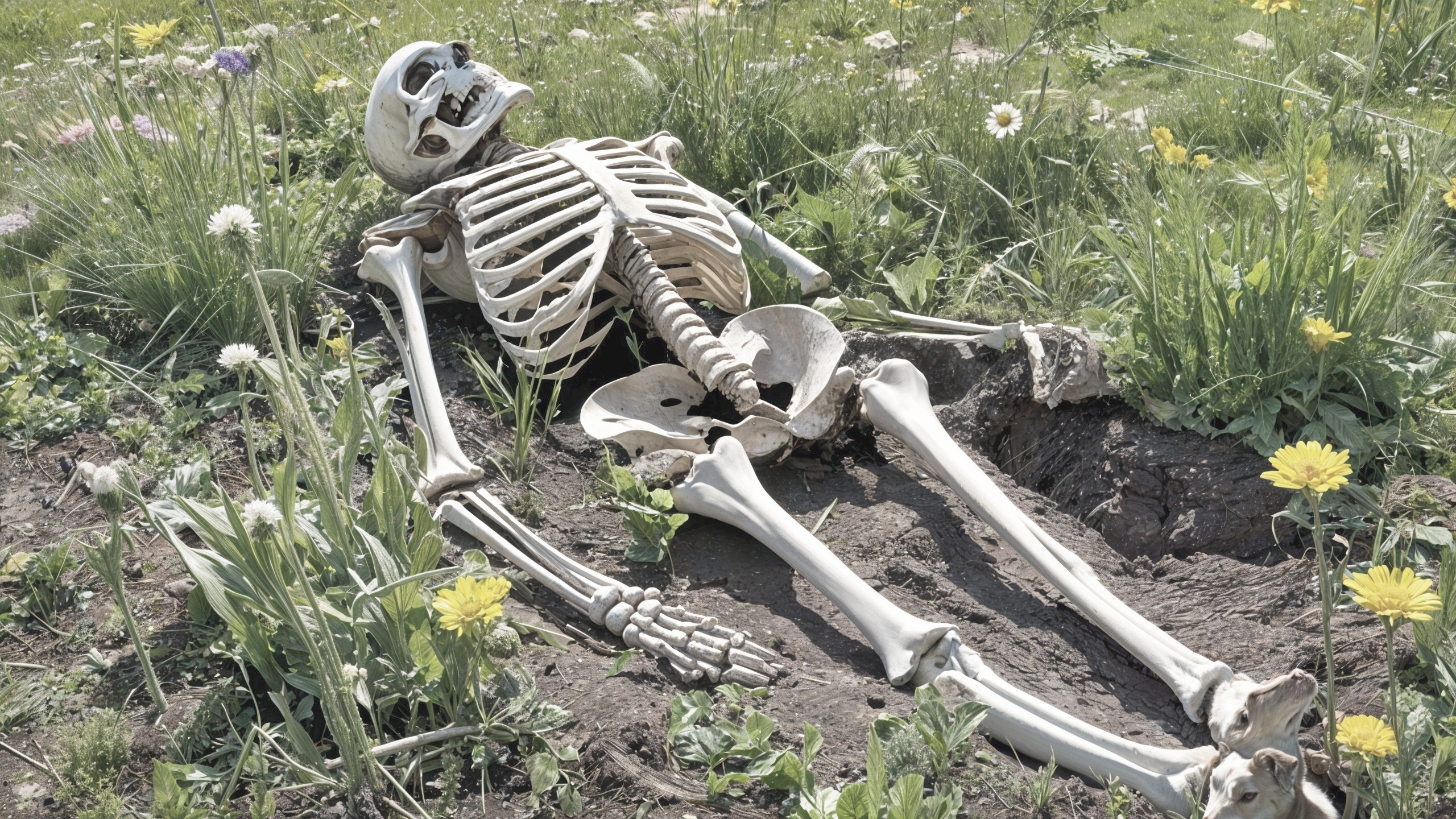 Human Skeleton in Grassy Field with Wildflowers