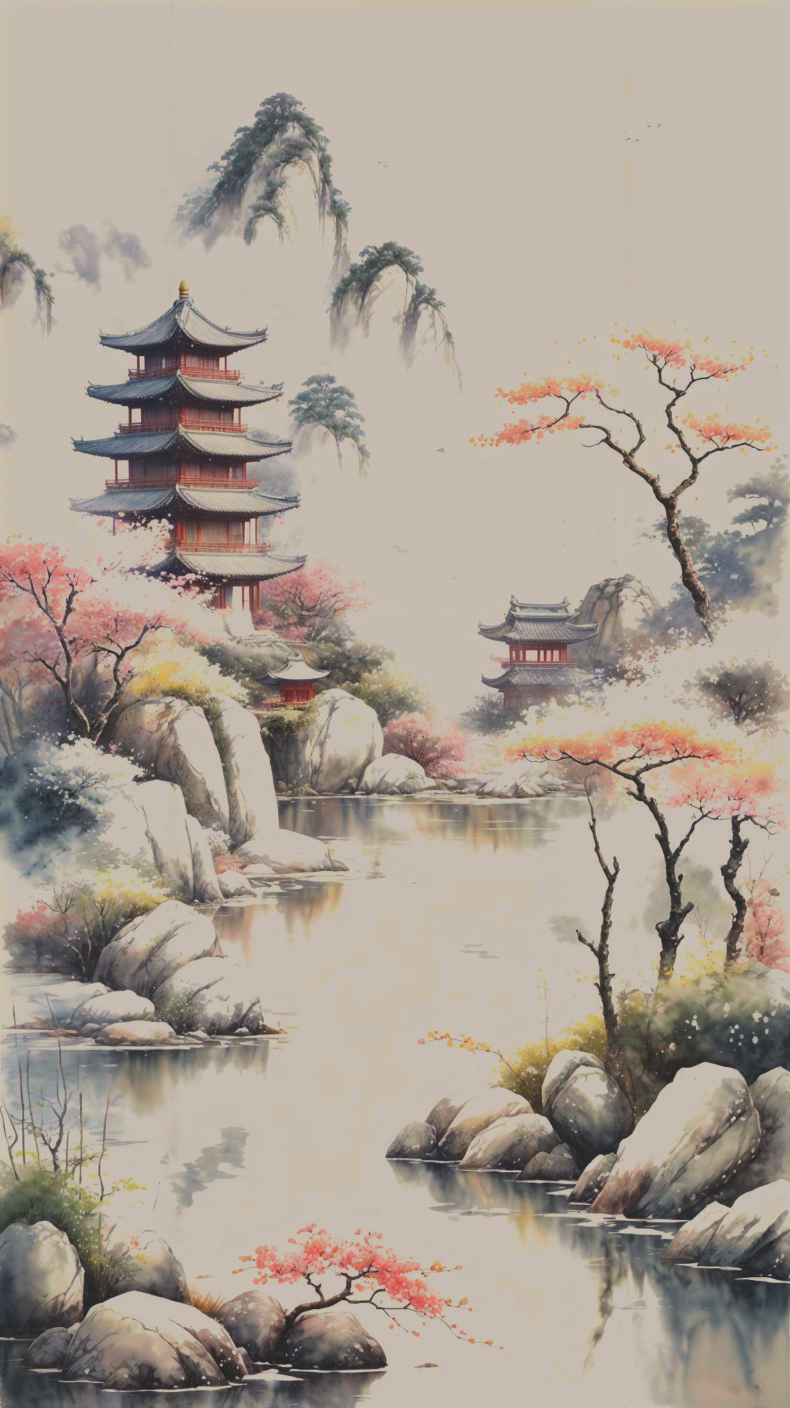 Tranquil Asian Pagoda by Serene River and Cherry Blossoms