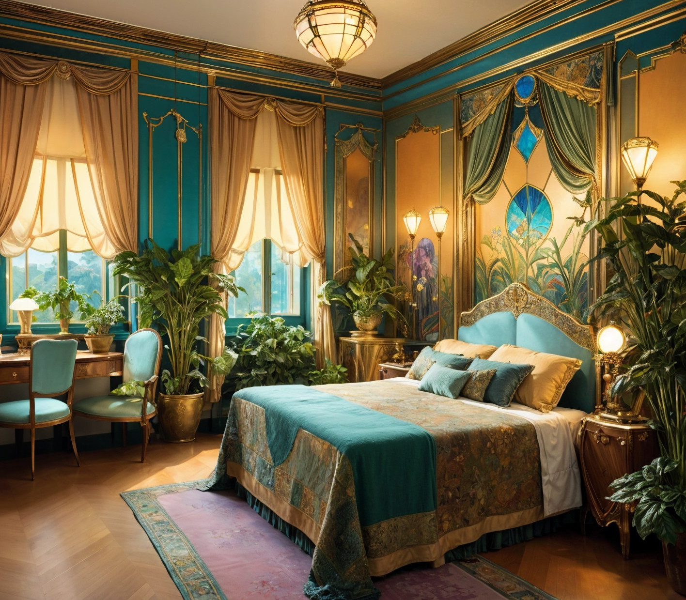 Luxurious Bedroom with Turquoise and Gold Décor