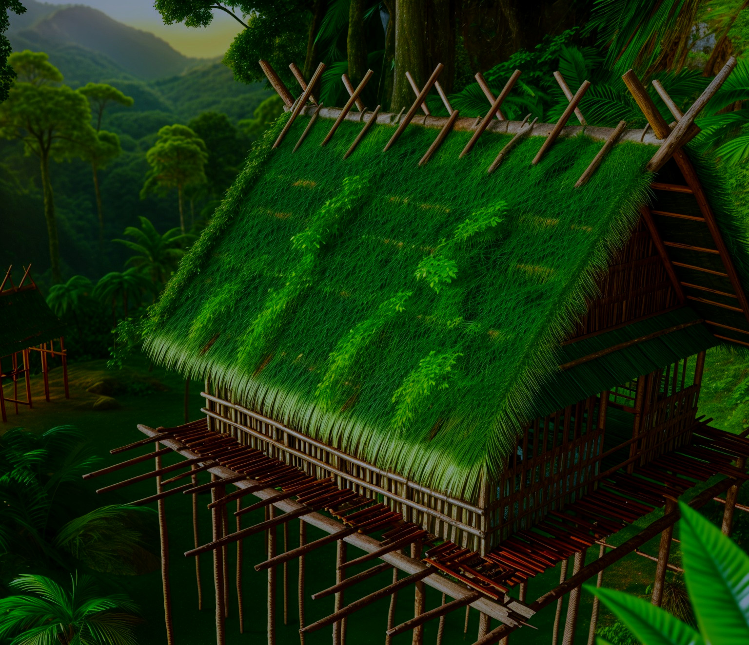 Traditional Stilt House in Tropical Landscape