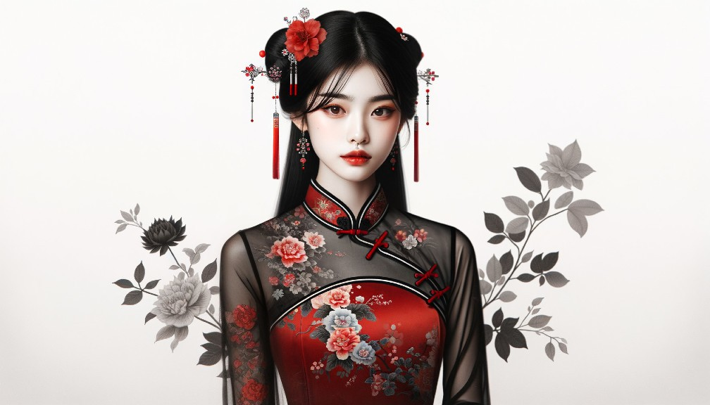Young Woman in Traditional Chinese Dress with Floral Patterns