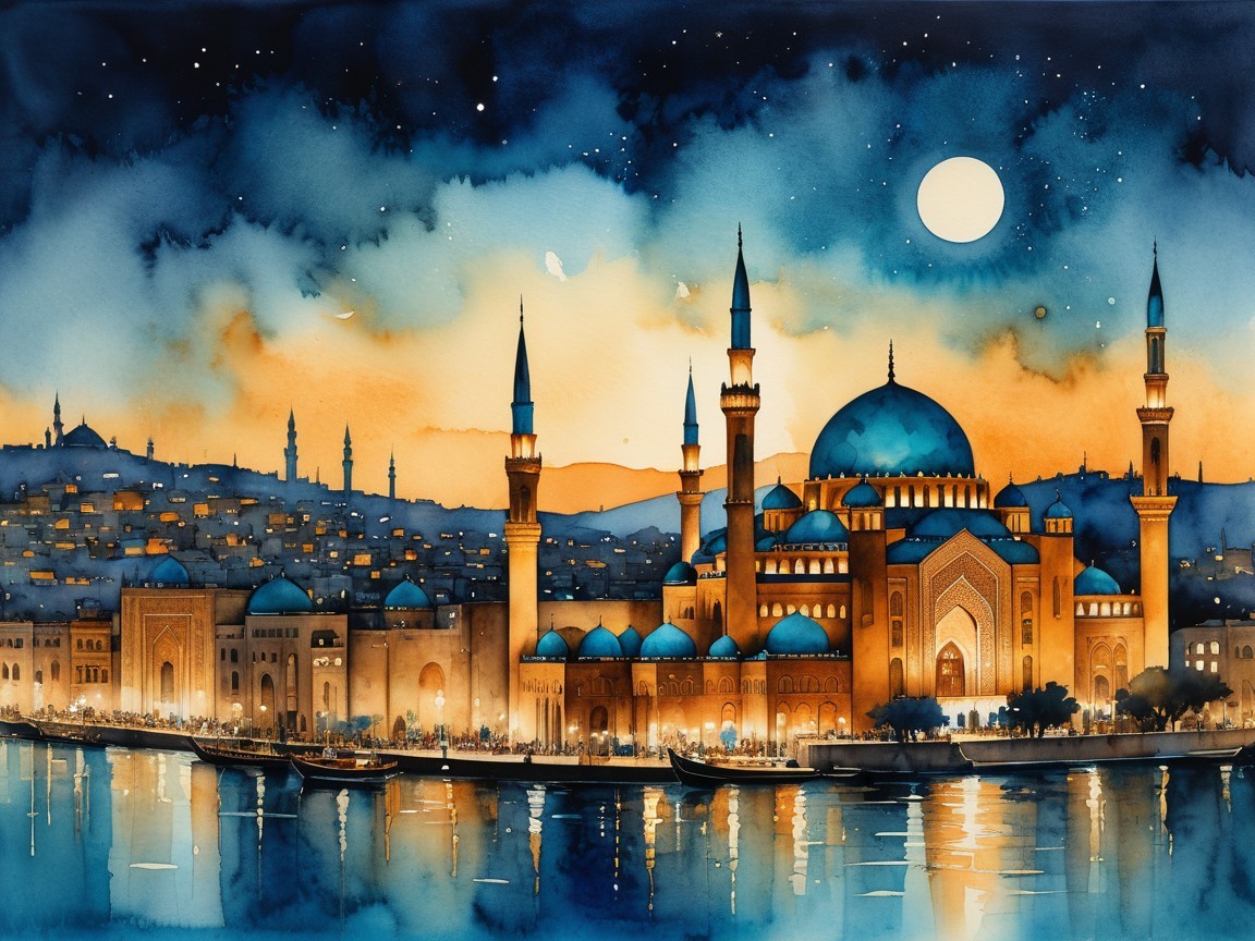 Watercolor of Grand Mosque by a Tranquil River