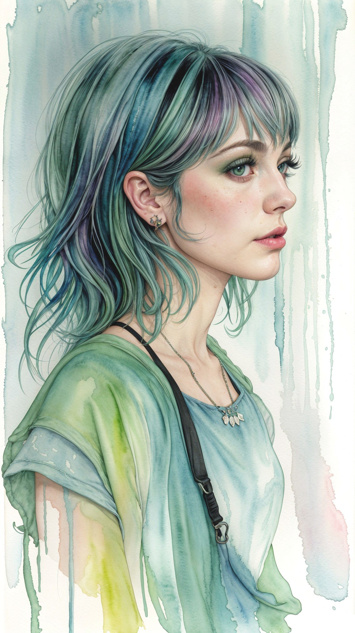 Watercolor Portrait of a Young Woman with Colorful Hair