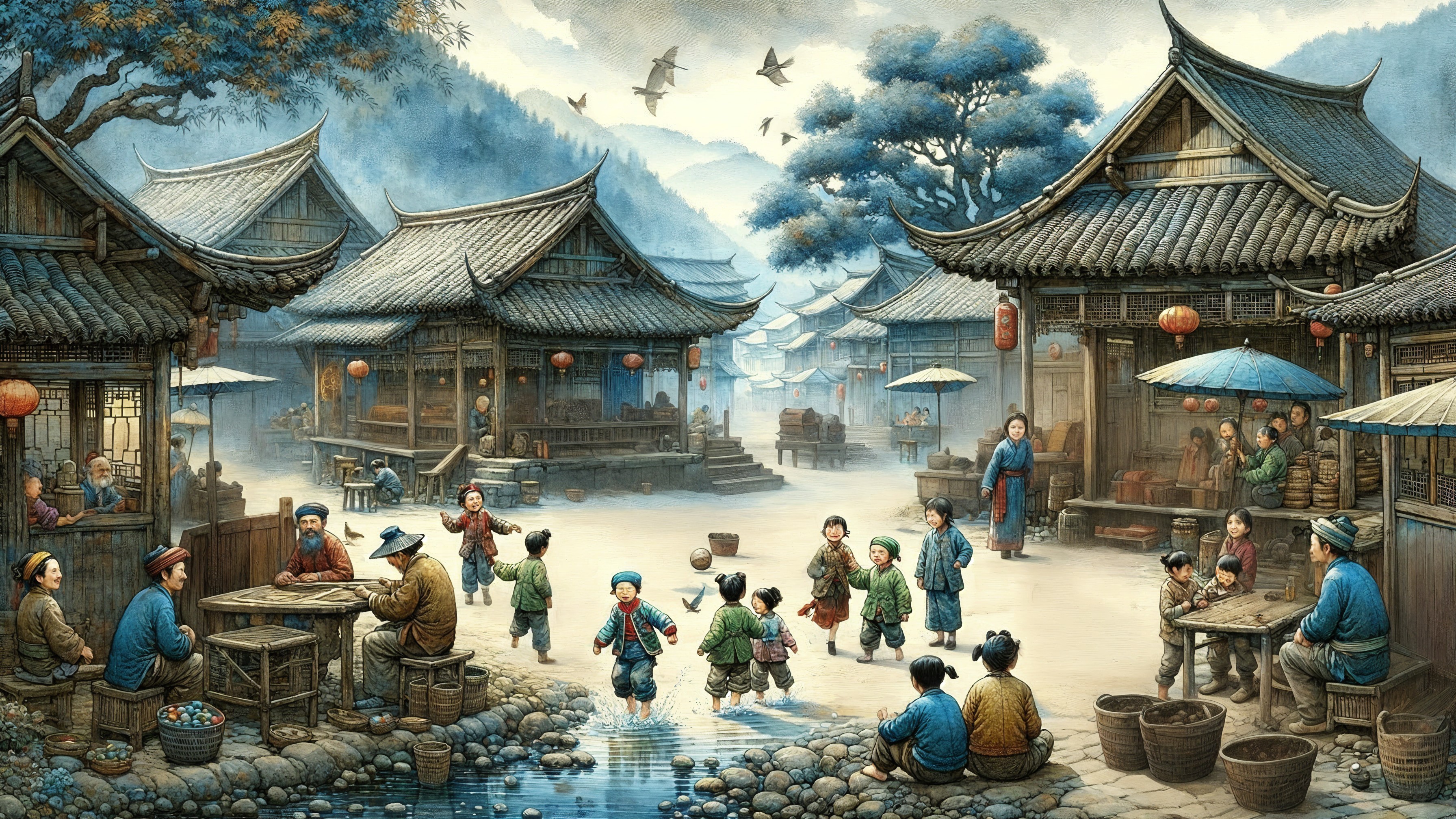 Traditional Village Scene with Children and Villagers