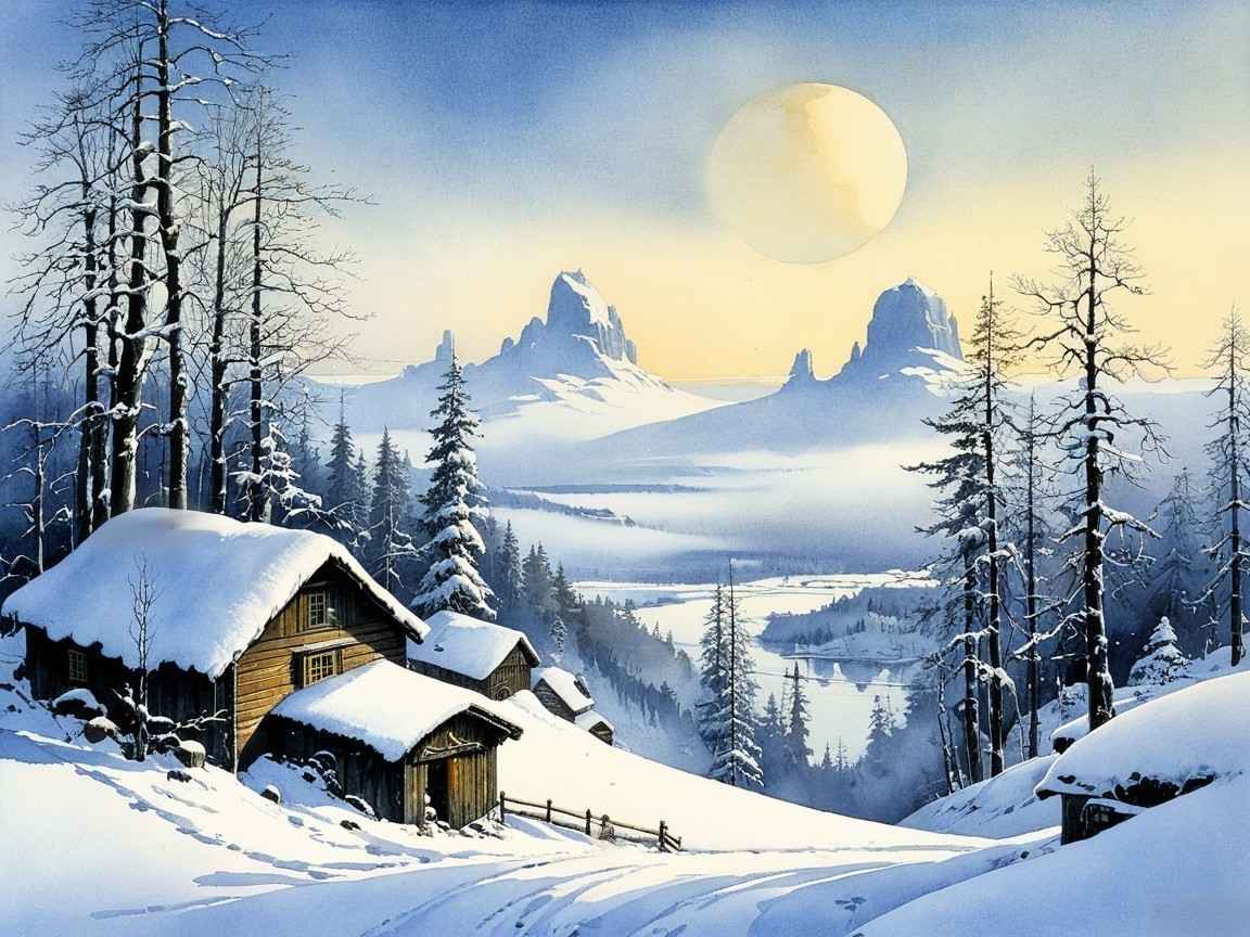 Serene Winter Landscape with Snow-Covered Mountains