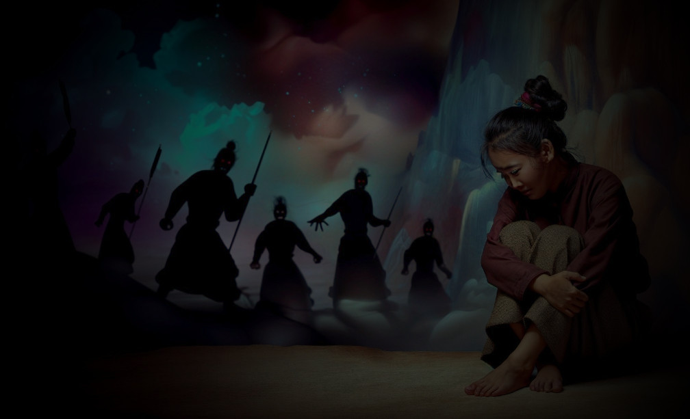 Young Woman in Fear Amidst Threatening Shadows