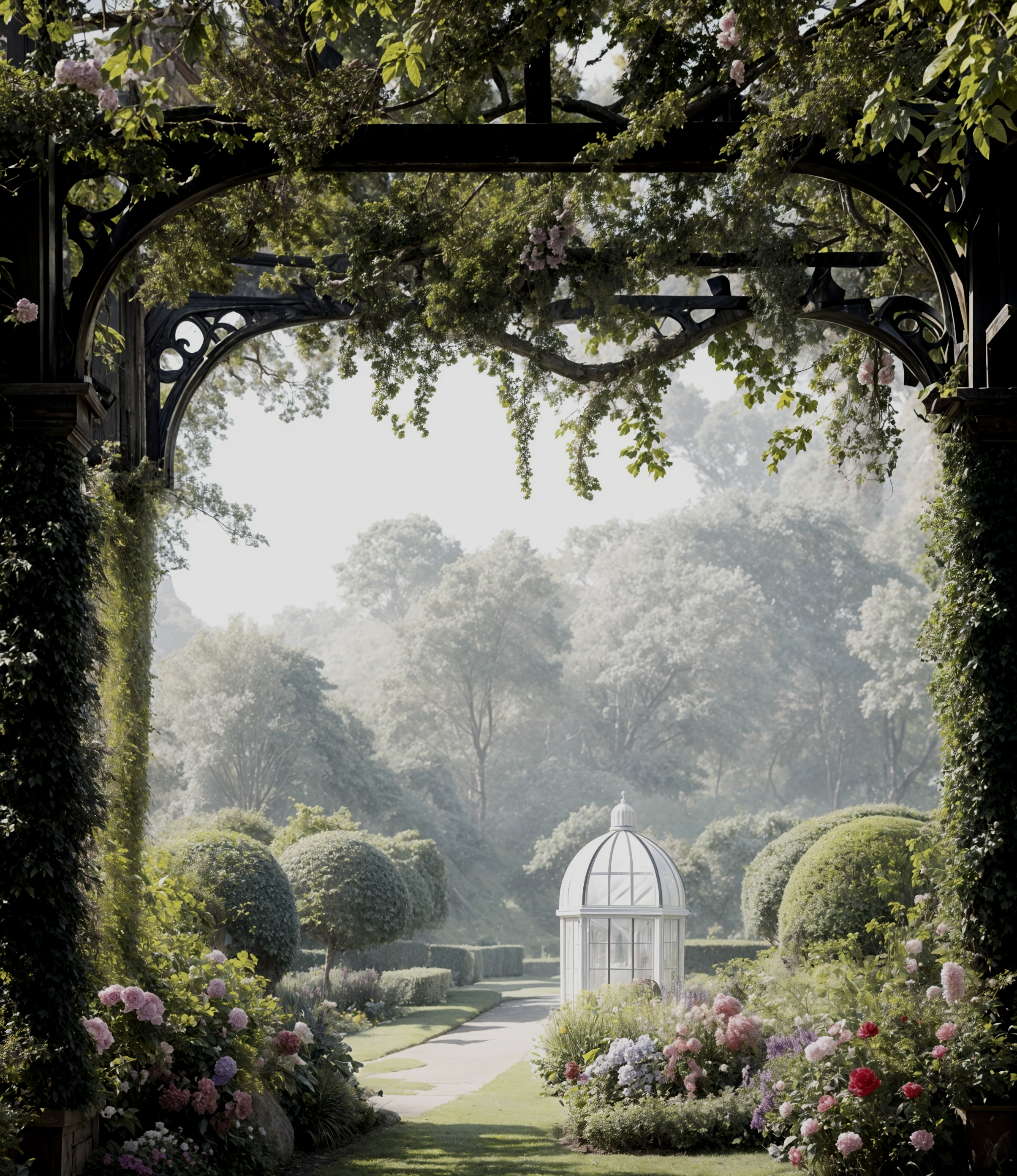 Serene garden scene with ornate archway and gazebo