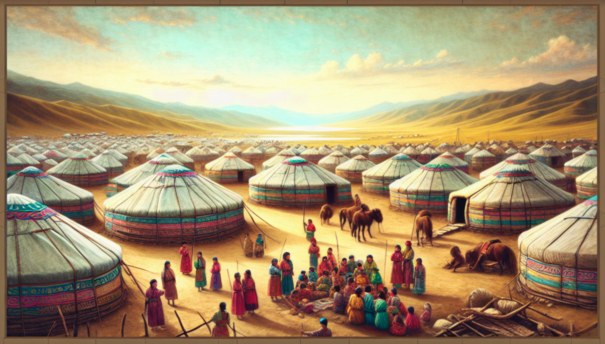 Traditional Nomadic Settlement with Yurts and Market